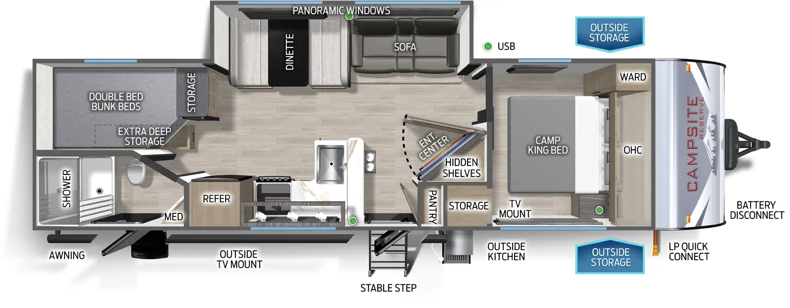 The Campsite Reserve 26CJ floorplan has two entries and one slide out. Exterior features include: metal exterior and outside kitchen. Interiors features include: bunk beds and front bedroom.